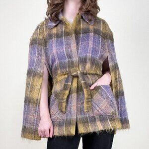 Vintage 60s Mohair Wool Plaid Tartan Cape Jacket Coat Sweater Mod Scotland 1960s